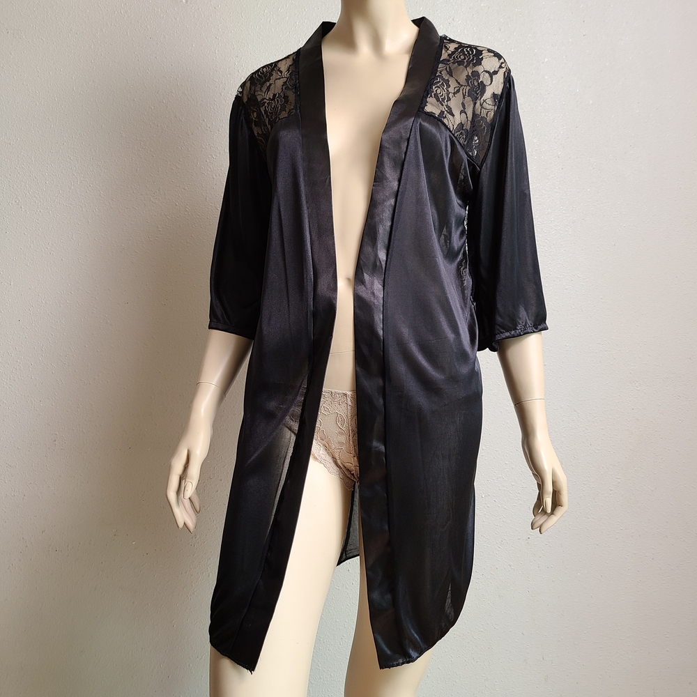 Sleek Black Satin Lace Robe